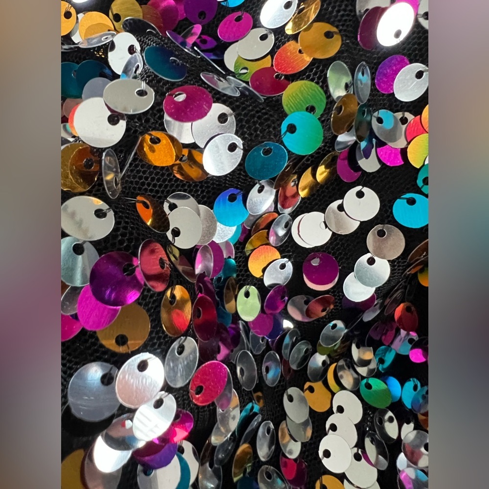 Black Short Sleeve Dress with Multicolor Sequin Puff Sleeves - Picture 3 of 12